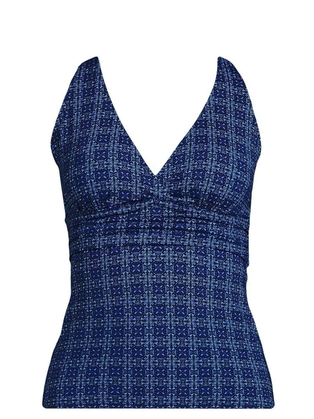 Lands' End Women's XL V-Neck Plunge X-Back Tankini Swim Top Blue Geometric NWT